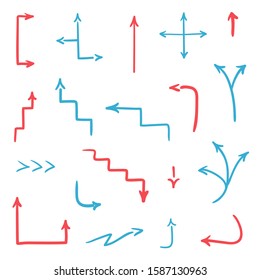 Colored arrow on white. Set of sketchy signs. Hand drawn abstract arrows