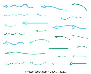 Colored arrow on white. Set of sketchy signs. Hand drawn abstract arrows