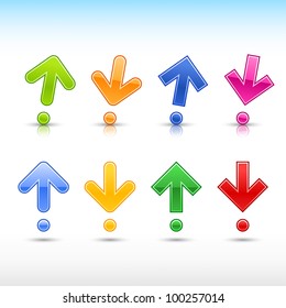 Colored arrow sign in form of exclamation mark symbol. Glossy and satined shapes with gray drop reflection on white background. Vector illustration 10 eps.