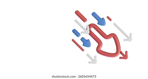 Colored arrows in 3d realistic style flying down isolated on light background. Vector illustration