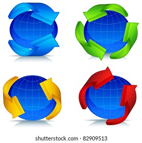 Colored arrows around blue planet, vector illustration