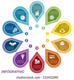 Colored Arrows arranged in circle, pointing inside the circle. Template for infographic numbered ten positions