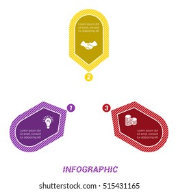 Colored Arrows arranged in circle, pointing inside the circle. Template for infographic numbered three positions