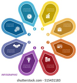Colored Arrows arranged in circle, pointing inside the circle. Template for infographic numbered eight positions