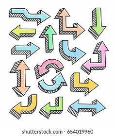 The colored arrows with a black outline, vector. Thick, flat arrows with 3D effect. Black, thin outline is offset to the side. 