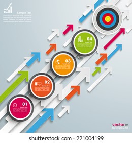 Colored arrows with circles and target on the grey background. Eps 10 vector file.