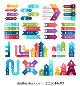 Colored arrows for design projects of infographics. Visualizations of steps. Pictures for business presentations. Infographic arrow ribbon, organization flowchart and infograph