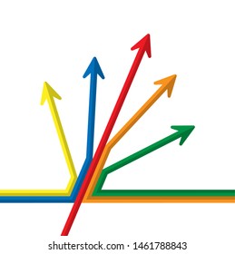 Colored arrows of different length with changing direction, simple flat design.