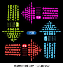 Colored arrows dots from. Numbered banners. Black background. Vector illustration