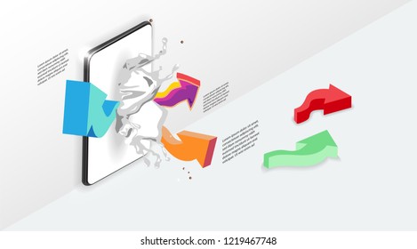 colored arrows fly out of the phone screen in orthogonal projection