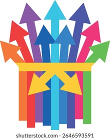 colored arrows gathered in a bunch and tied with a yellow ribbon in the style of arrows, arrows pointing upwards