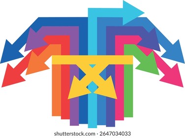 colored arrows gathered in a bunch and tied with a yellow ribbon in the style of arrows, arrows pointing upwards