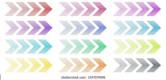 Colored arrows with halftone effect set. Vector illustration. Red, blue, green, yellow, black flat halftones arrows collection isolated. Dotted forward direction logo, turn right icons.