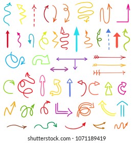 Colored arrows. Infographic elements. Big set of hand drawn colorful pointers on isolation background. Line art