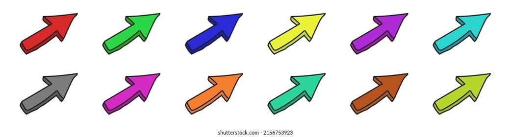 Colored arrows pointing right vector set. Vector set of hand drawn arrows. Cartoon arrows. plastic arrows. Vector illustration.