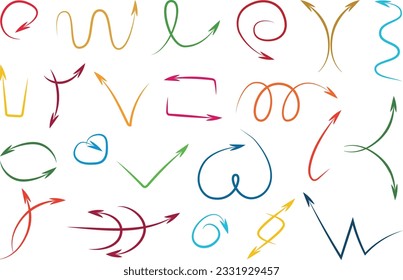 Colored arrows set on white background blue green orange pink yellow hand drawn doodle arrows vector collection