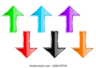 Colored arrows. Straight up and down shiny 3d icons. Vector illustration isolated on white background