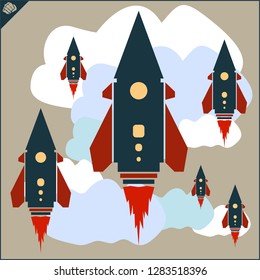 Colored art cartoon rocket jet in cloud blue sky