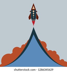 Colored art cartoon rocket jet in cloud blue sky