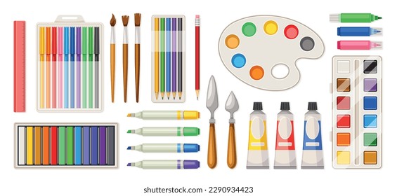 Artículos de arte de colores. Elementos luminosos para dibujar. Colegio con lápices, paleta, plumas de punta de fieltro, acuarela, lápices de colores y pinceles. Colección vectorial plana de dibujos animados aislada en fondo blanco