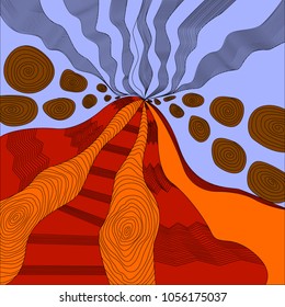 colored art zen, an active volcano, lava erupts and rocks, an explosion, smoke coming from the hills