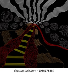 colored art zen, an active volcano, lava erupts and rocks, an explosion, smoke coming from the hills, black background