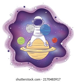 Colored astronaut cartoon character playing with planets Vector