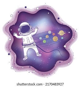 Colored astronaut cartoon character playing with planets Vector