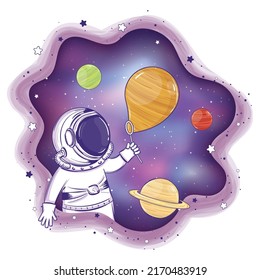 Colored astronaut cartoon with planet balloons Vector