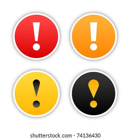 Colored attention stickers with exclamation mark and drop shadow on white. 10 eps