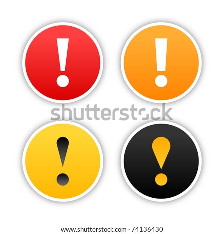 Colored attention stickers with exclamation mark and drop shadow on white. 10 eps