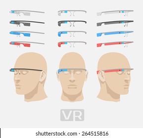 Colored augmented reality glasses. The objects are isolated against the white background and shown from different sides 