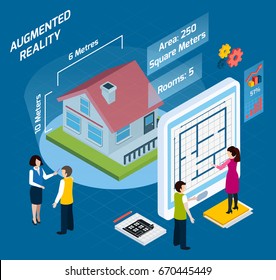 Colored augmented reality isometric composition with area number of rooms and other descriptions vector illustration