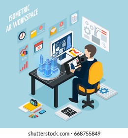 Colored augmented reality workplace isometric composition with man at work and with technology equipment vector illustration