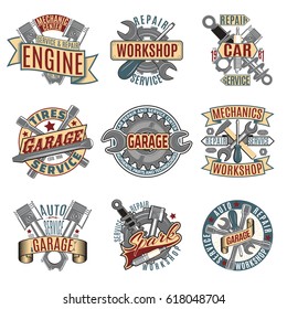 Colored auto repair service logotypes set with garage mechanic tools and equipment isolated vector illustration