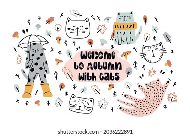 Colored autumn cats hand drawn vector illustration. Around autumn leaves, mushrooms, trees on a white background. Baby, childish textile print, greeting cards