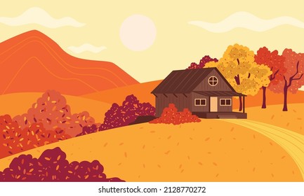 Colored autumn landscape Cabin in the mountains with trees Vector