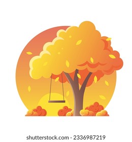 Colored autumn landscape with a swing in a tree

