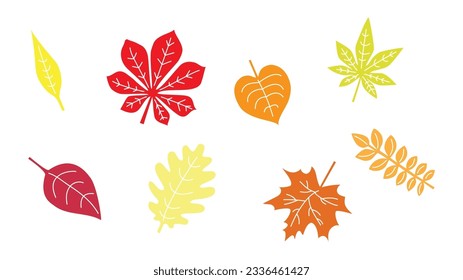 Hojas de otoño coloreadas. Estilo plano de dibujos animados simples, ilustración vectorial.