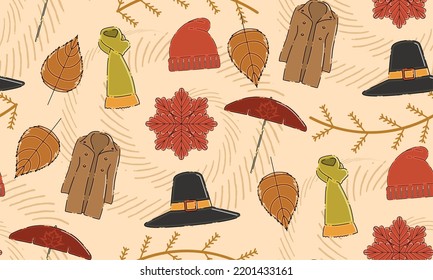 Colored autumn seamless pattern background with seasonal clothes Vector