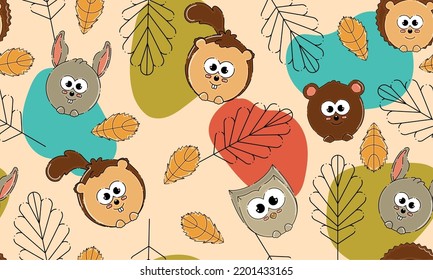 Colored autumn seamless pattern background with cute animals Vector
