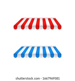 Colored awnings isolated on white background. Striped red-white and blue-white sunshade for shops, architectures, cafes and street restaurants. Outside canopy, tent, roof, from the sun or rain. Vector