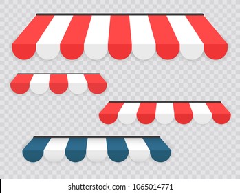 Colored awnings set on transparent background. Flat cartoon design, vector illustration on background