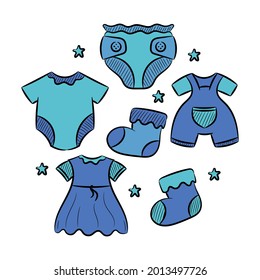 Colored Baby clothes collections, with hand drawn sketching vector illustration