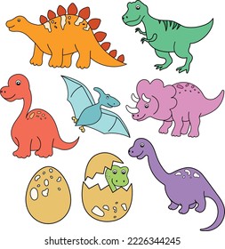 Colored Baby Dinosaurs Jurassic Set Isolated Vector Art