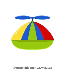 Colored baby hat with propeller icon. Funny striped cap with blue and green stripes with fun helicopter vector design