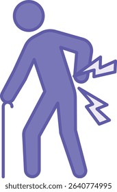 Colored Back Pain Icon. Vector Illustration. Man Bent Over in Pain with Cane. Injury, Disease, Medicine. Disability Concept