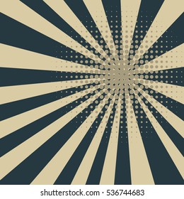 Colored back Pop Art Style retro blue halftone background. For comic text bubble backdrop line space. Funny sun beam template. Vector illustration