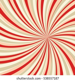 Colored back Pop Art Style red retro move. Swirling radial lollypop pattern background. For comic text bubble backdrop line space. Funny sun beam template. Vector illustration.