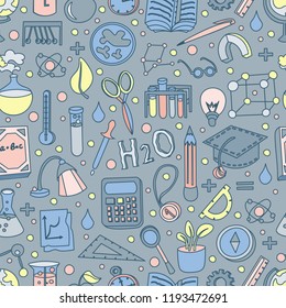 Colored Back to School Pattern with school elements and supplies. Welcome back to school seamless background in fun hand draw style, cartooning elements and cute design for kids. Back to school